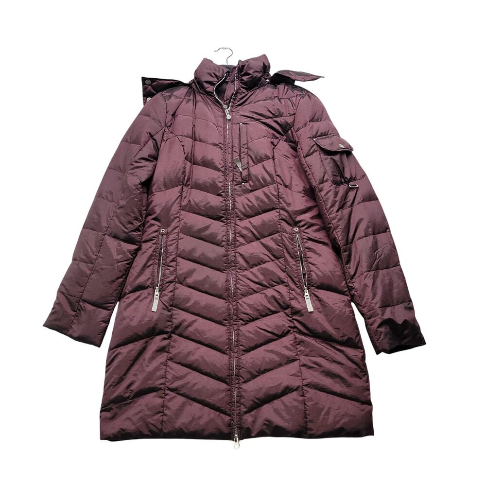 Eddie Bauer Womens Small Long Down Puffer Coat Burgundy Hooded Winter Jacket